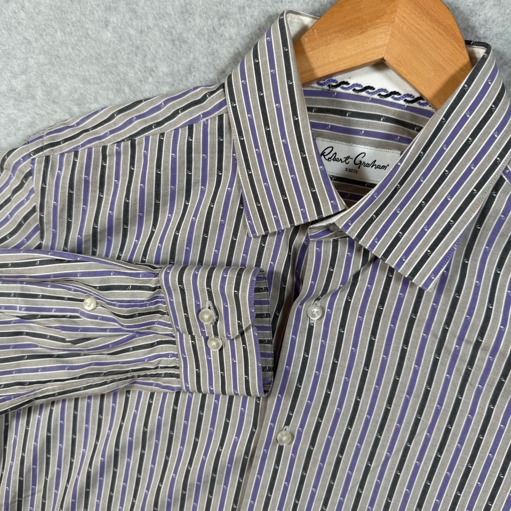 Robert Graham Mens Large Purple Striped Long Sleeve Button Down Cotton Shirt